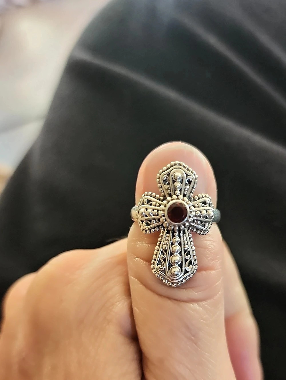 Cross Ring in Silver & Red Like New